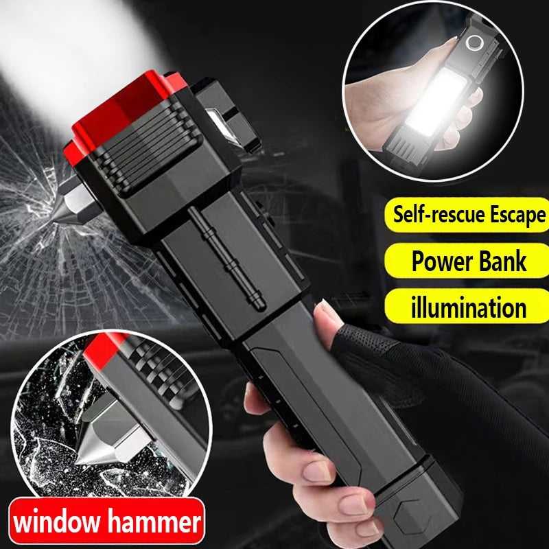 Versatile High Power Led Flashlight Focus Light Power Bank and Window Hammer